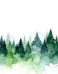 Fototapeta premium A serene watercolor forest background vector featuring lush green trees, soft blue skies, and gentle sunlight filtering through the foliage, creating a tranquil atmosphere.