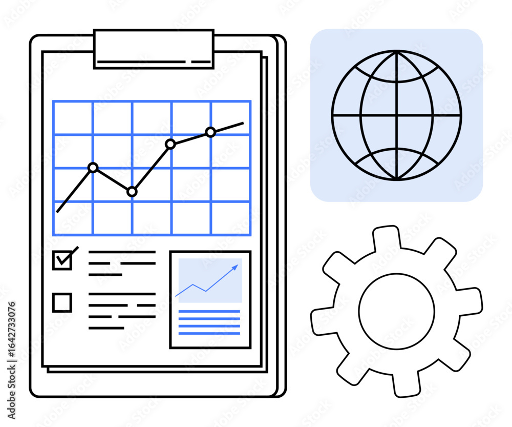 Aufkleber clipboard displaying data chart with rising trendline, gear representing process optimization, and g