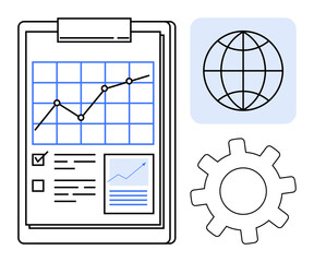 Clipboard displaying data chart with rising trendline, gear representing process optimization, and globe symbol for global reach. Ideal for analytics, business growth, strategy, progress, management