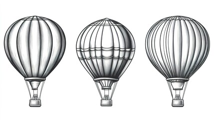 Fototapeta premium Three hot air balloons in a row line art style illustration.