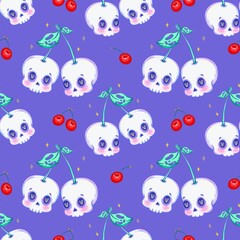 Fototapeta premium Kawaii Cherry Skulls Seamless Pattern Cute Pastel Goth Halloween Design on Purple Background