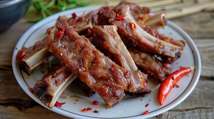 Crispy pepper salt spareribs with golden-brown crust, seasoned with black pepper, salt, and garlic, served on a white plate with lemon wedges, showcasing savory and slightly spicy flavor