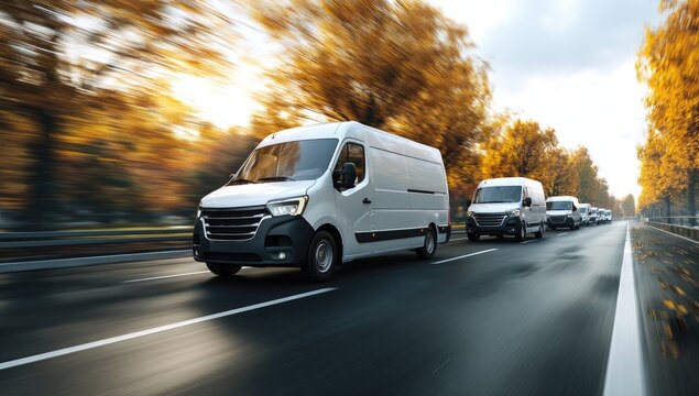 White vans on a highway in autumn