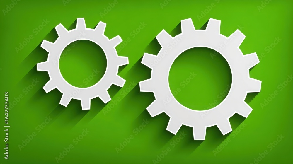 Poster two interlocking gears on a green background symbolizing mechanisms of automated cost management and