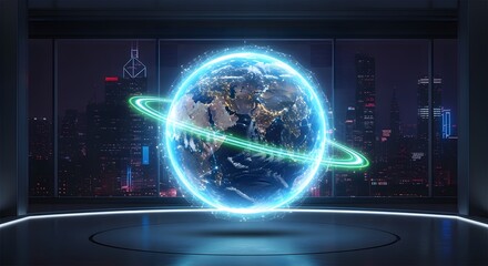 Holographic Earth globe displayed in futuristic cityscape room.