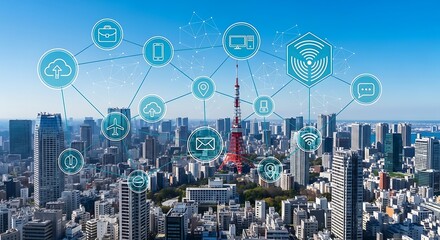 Cityscape with digital network overlay, illustrating data connections and technology integration.