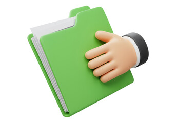 緑のフォルダーを持つ手と白の書類透明な背景の3Dレンダリング