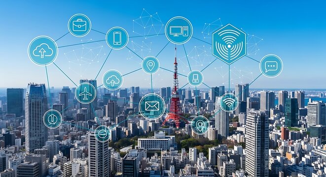 Cityscape with digital network overlay, illustrating data connections and technology integration.