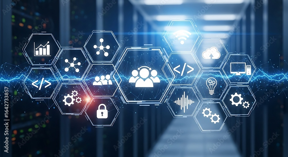 Aufkleber digital icons representing data and teamwork overlaid on a server room background.