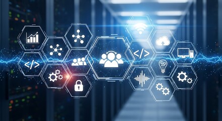 Digital icons representing data and teamwork overlaid on a server room background.