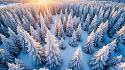 Golden sunbeams illuminate a pristine snow-covered forest canopy, showcasing serene winter beauty. AI generative video - Powered by Adobe