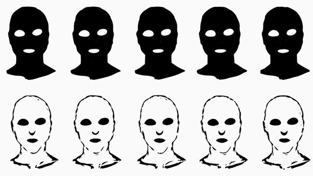 Ten faces arranged in two rows showing masks and unmasked visages in black and white illustration