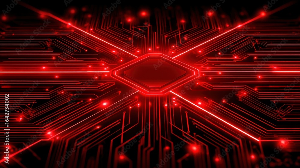 Poster circuit board with red lights signifying digital logic and emotion integration in advanced technolog