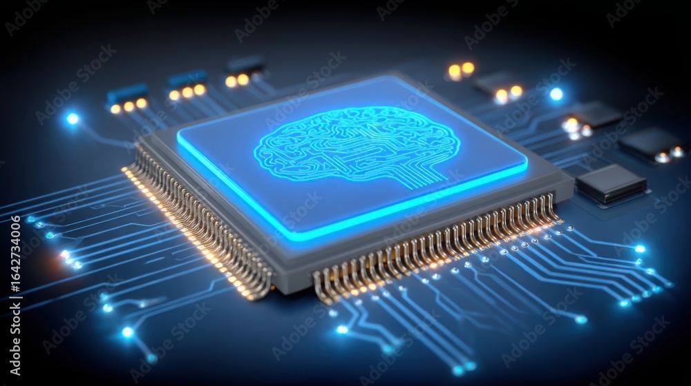 Poster circuit board featuring a brain icon representing digital logic and human emotion integration in tec