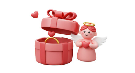 Charming angel holds a heart next to an open gift box with a golden ring, symbolizing love, romance, and special proposals.