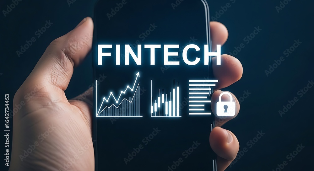 Aufkleber a hand holding a smartphone displaying fintech data visualizations, including graphs and a lock icon