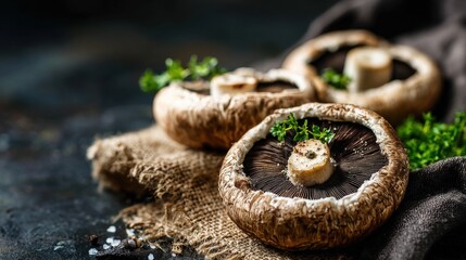 Fototapeta premium Three large mushrooms are artistically arranged on a rustic burlap cloth with fresh herbs and spices. The setting evokes a gourmet cooking atmosphere perfect for culinary inspiration.