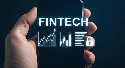 A hand holding a smartphone displaying Fintech data visualizations, including graphs and a lock icon.