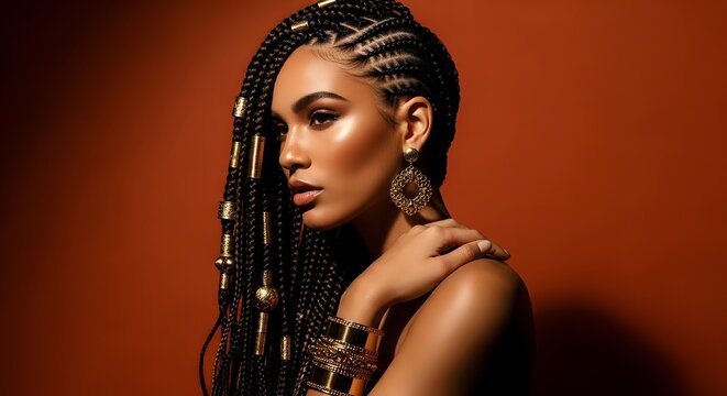 A beautiful woman with elaborate cornrow braids and long box braids adorned with gold beads, wearing large earrings and a bracelet, against a warm background.
