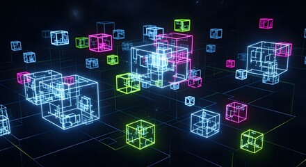 Colorful neon wireframe cubes float in a dark, abstract digital space, representing data and network concepts.