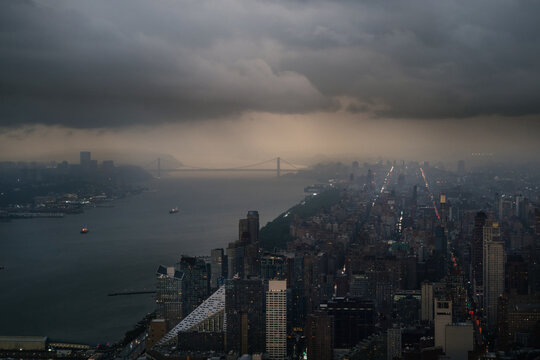 Stormy Aerial View of Manhattan and George Washington Bridge