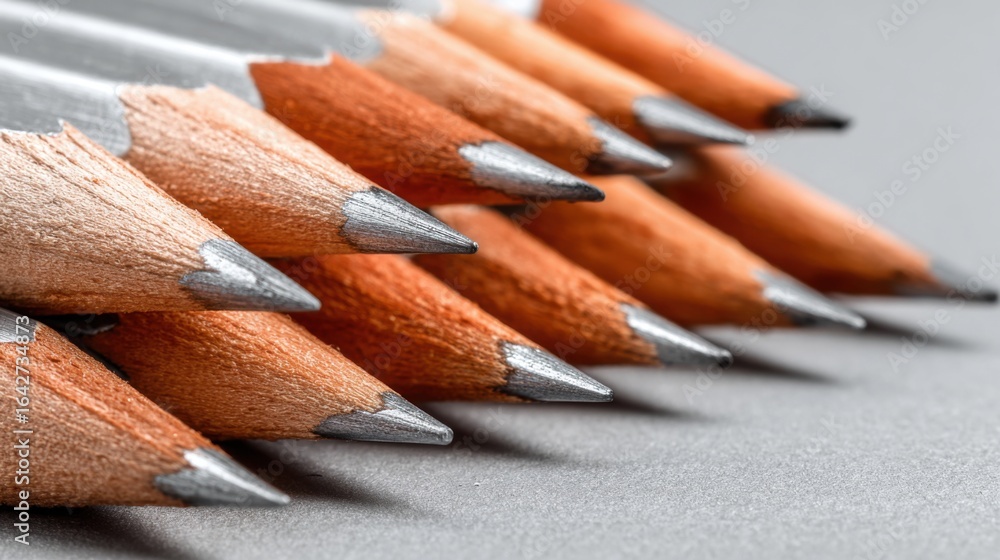 Poster a variety of sharpened wooden pencils with different shades of orange are aligned closely on a smoot