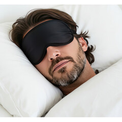 Man Sleeping Peacefully With Eye Mask And Blanket, White Background