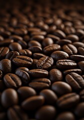 Dark Brown Coffee Beans Scattered on White Background Close Up