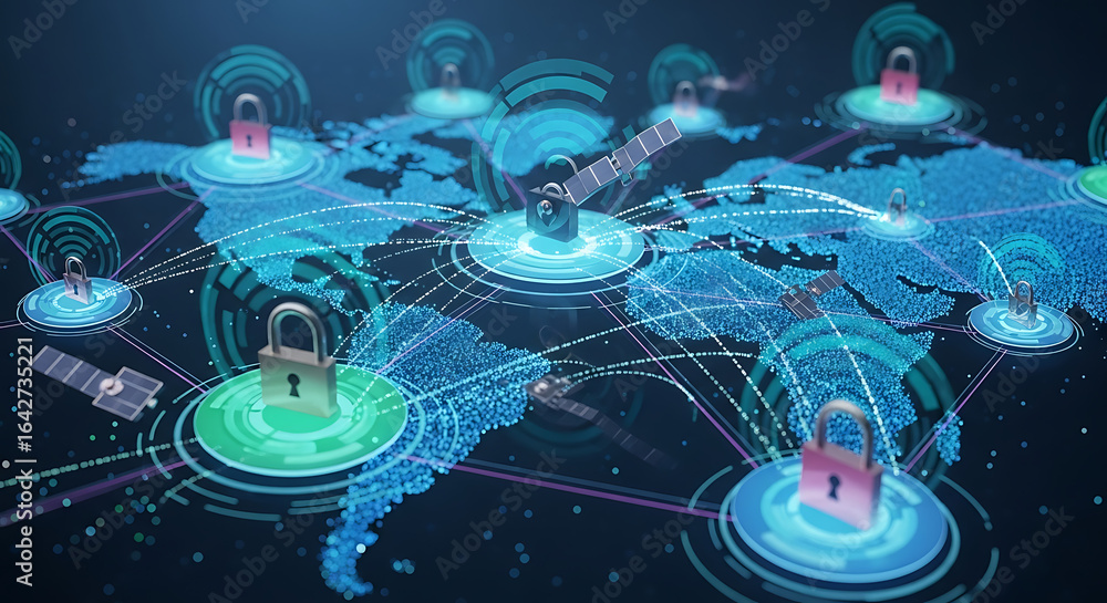 Aufkleber a digital world map with padlocks and satellites connected by lines representing global network secu