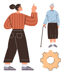 Young woman pointing upwards, elderly woman with cane in blue sweater, and a gear symbol. Ideal for intergenerational support, caregiving, community, mentoring, teamwork, family values shared