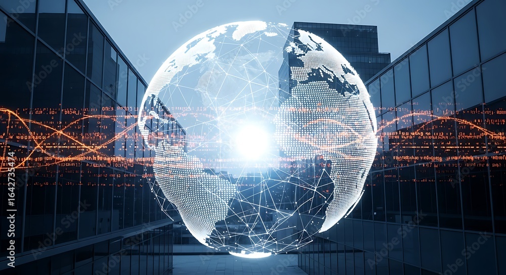 Aufkleber global network connection visualized by a transparent earth model in front of modern buildings.