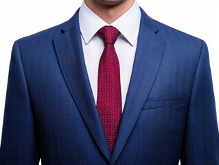 Close up of classic navy blue suit jacket with red tie, white shirt, and elegant style