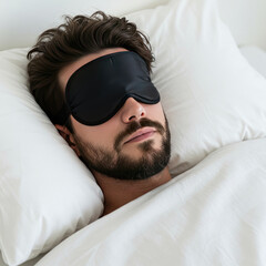 Man Sleeping Peacefully With Eye Mask And Blanket, White Background