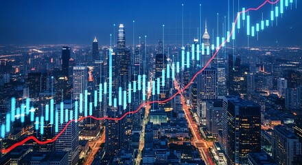 Financial data visualization overlaid on a city skyline, illustrating market growth and trends.