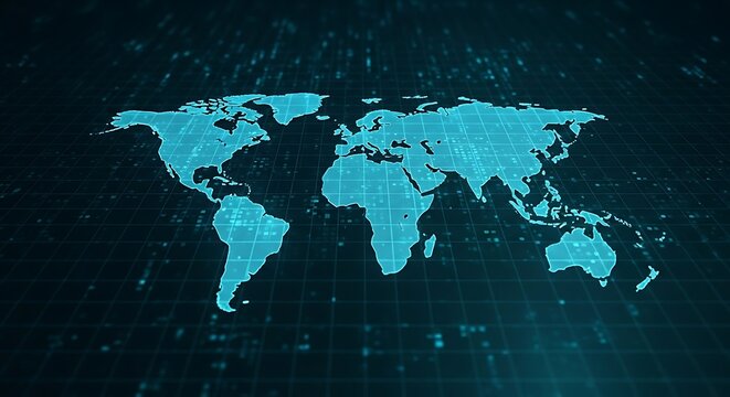 A digital rendering of the world map, illuminated with a blue glow against a dark background. - Powered by Adobe