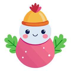 Cute pink snowman character with leaves