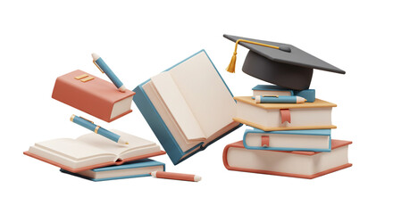 A captivating illustration of a graduation cap, open books, and pens, symbolizing the pursuit of knowledge and academic achievement.
