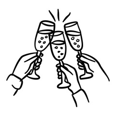Hand drawn Clinking Champagne Glasses New Year Toast Line Art