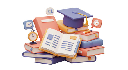 Colorful rendered books, a graduation cap, and study elements represent the journey of learning and academic achievement.