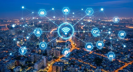 Night cityscape overlaid with interconnected digital network icons, illustrating city connectivity.