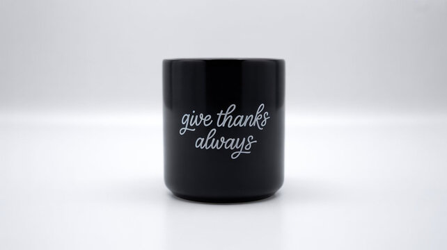 Black mug with the inscription give thanks always isolated on white background, a simple yet elegant reminder to be grateful and appreciate the blessings in life
