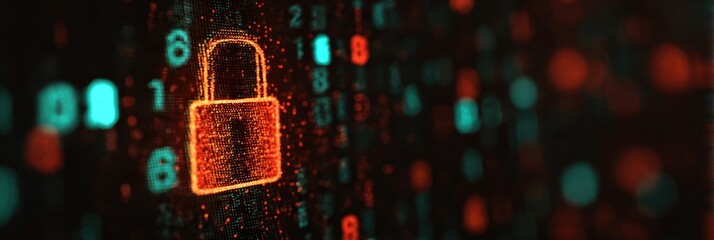 Digital lock icon on a binary code background