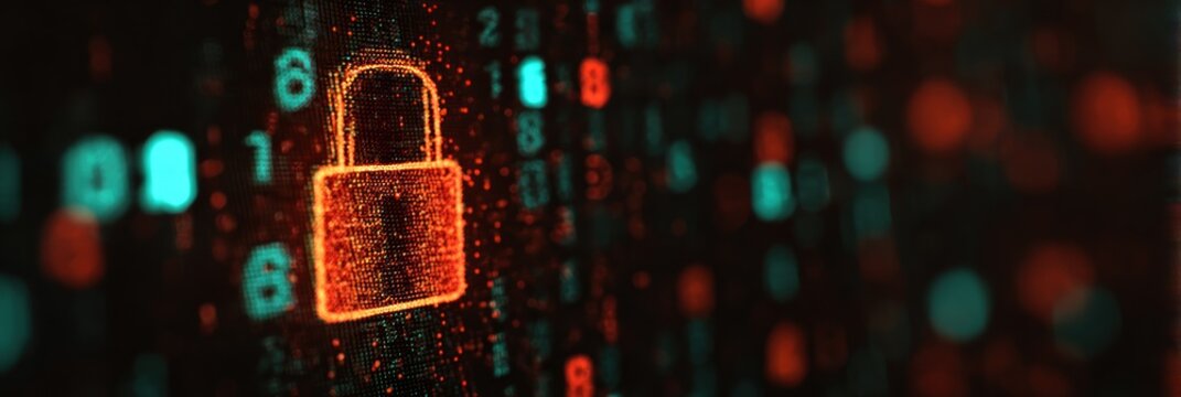 Digital lock icon on a binary code background