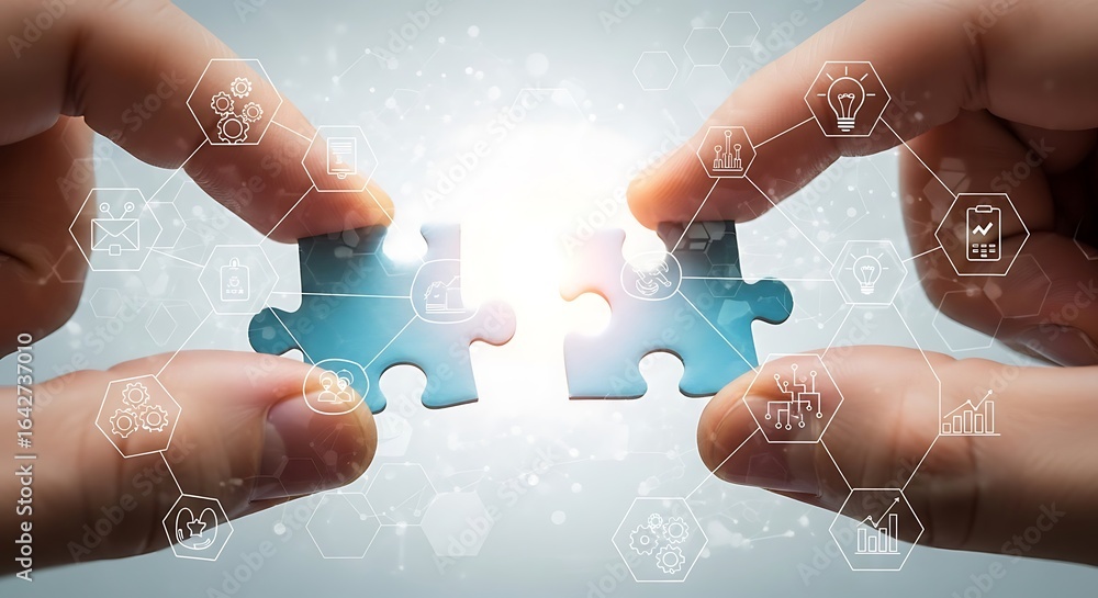 Poster two hands connecting puzzle pieces, symbolizing collaboration and problem-solving with digital netwo