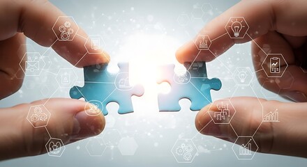Two hands connecting puzzle pieces, symbolizing collaboration and problem-solving with digital network overlay.