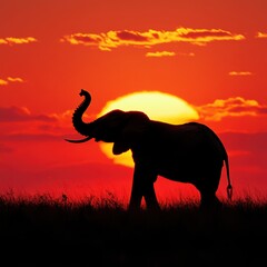Fototapeta premium Elephant Silhouette Against a Vibrant Sunset Sky Reflection