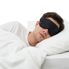 Man Sleeping Peacefully With Eye Mask And Blanket, White Background