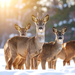 Group of deer in snowy forest