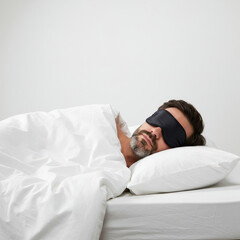 Man Sleeping Peacefully With Eye Mask And Blanket, White Background