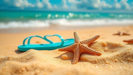 Summer beach scene with starfish and turquoise sandals on golden sand, evoking coastal relaxation.